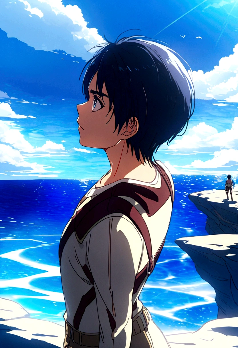 Eren from Attack on Titan standing on a cliff, pointing towards the vast sea under a bright blue sky with scattered clouds. The sun reflects off the water, creating a shimmering effect. The scene captures the serene beauty of the ocean and the determination in Eren's expression. Detailed textures, vivid colors, dynamic lighting, hd quality 
