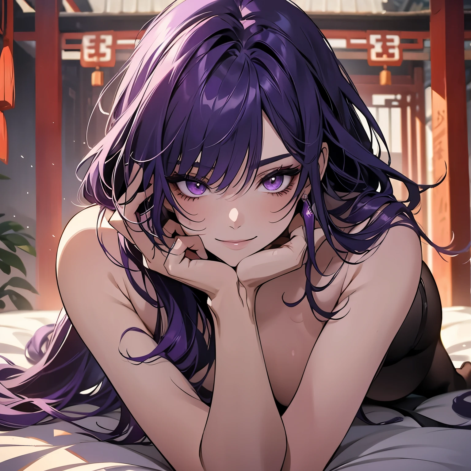 1 women, Raiden Shogun - genshin impact, long purple hair, violet eyes, lying on the bed in chinese room, nudity, nude, sexy, full body, smile, pervert