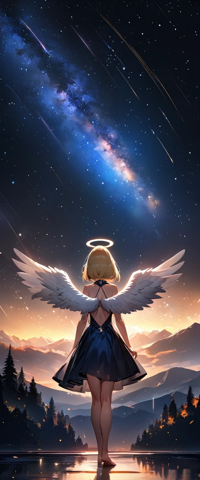 (((A meteor shower dancing in the night sky, countless stars twinkling in the clear air, a beautiful starry sky, the Milky Way shining beautifully in the night))), flying, (((with big angel wings on back))), halo, backless dress, looking up, mountain, wide shot, back shot, a girl, bob cut, bare legs, bare foot, blond hair, (best quality, 4K, 8K, highres, masterpiece:1.2, ultra-detailed, HDR, uhd, studio lighting, ultra-fine painting, sharp focus, physically-based rendering, extreme detail description, professional, vivid colors, bokeh)