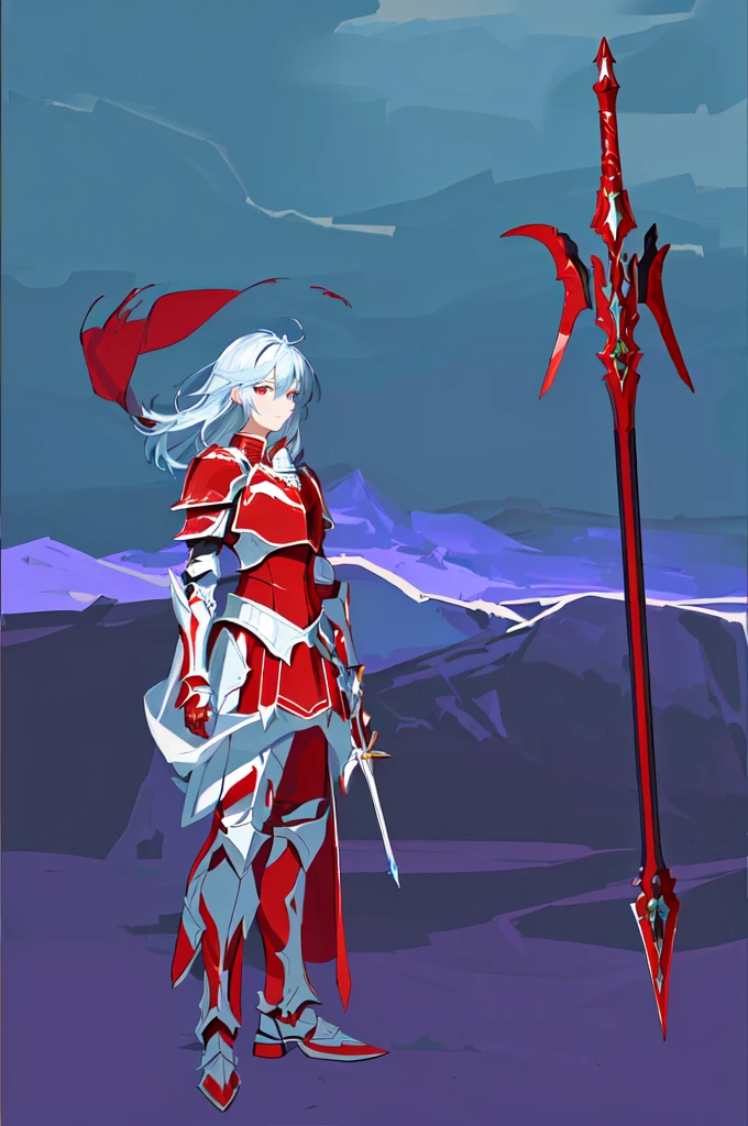 cartoon of a knight with a red lance, silver armor and red clothing, red armor, white and red armor, magic armor, clothed in ethereal battle armor, blood red armor, knight armored in red, ice crystal armor, rpg character avatar, red demon armor, armor and robes, fantasy knight, fantasy armor