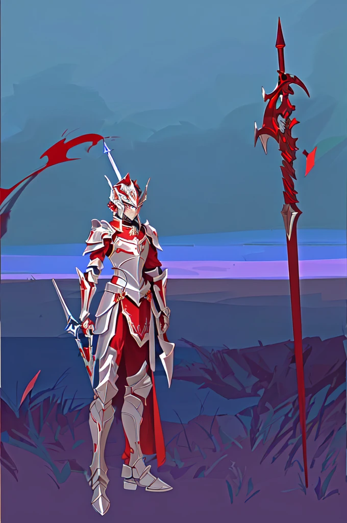 cartoon of a knight with a red lance, silver armor and red clothing, red armor, white and red armor, magic armor, clothed in ethereal battle armor, blood red armor, knight armored in red, ice crystal armor, rpg character avatar, red demon armor, armor and robes, fantasy knight, fantasy armor