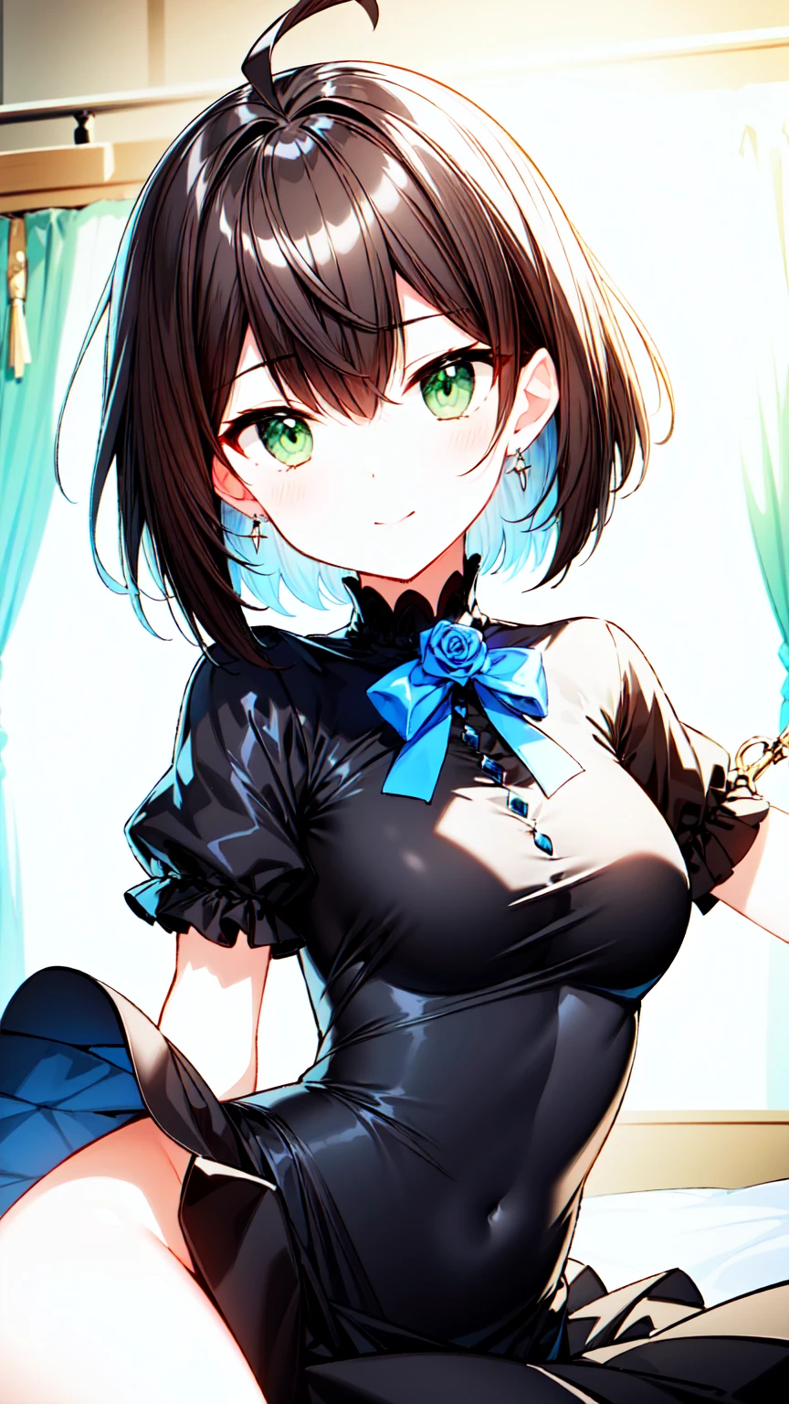 masterpiece, best quality, ultra-detailed, illustration, warm lighting, bright colors, 1girl,solo, short hair, black hair, green eyes, elizabeth_pendragon,



blue ribbon, ribbon, jewelry, ahoge, black dress, rose


 