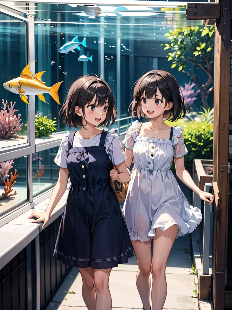 high resolution、Summer vacation、Girls going to the aquarium。They are excited to see the fish.。The outfit is a simple summer dress.。