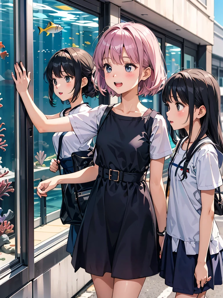 high resolution、Summer vacation、Girls going to the aquarium。They are excited to see the fish.。The outfit is a simple summer dress.。