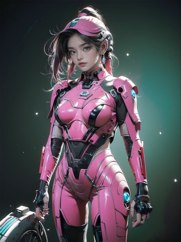 masterpiece, best quality, 1girl, solo, retro futuristic cyborgwoman, seamlessly blending mechanics and elegance. fit, small breasts, blueish skin, with magenta hair, fashion modeling pose, form fitting pastel green and pink with black colorblocking gundam suit-like-armor , happy, wild hair, humanoid face with bigger eyes and some cyberparts holding a retro futuristoc space-gun, plain background, dark colors, Anime, Cartoon, Comic Book, Concept Art