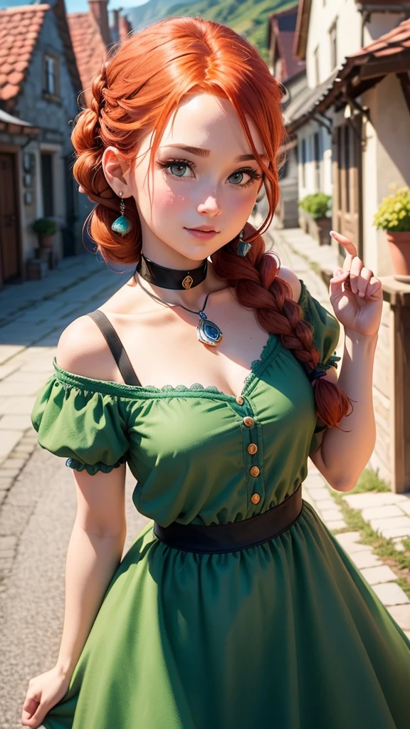 Create a live-action image of Anna from Disney’s Frozen. She should have red hair styled in an updo with braids, wear a green dress with a black choker necklace, and be set in a charming village with quaint buildings in the background. Ensure she has realistic facial features, capturing her warm and adventurous personality, and maintain the essence of the animated character.”