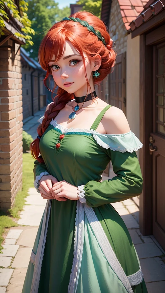 Create a live-action image of Anna from Disney’s Frozen. She should have red hair styled in an updo with braids, wear a green dress with a black choker necklace, and be set in a charming village with quaint buildings in the background. Ensure she has realistic facial features, capturing her warm and adventurous personality, and maintain the essence of the animated character.”