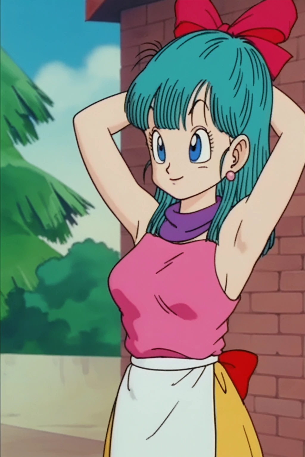 source_anime, score_9, score_8_up, score_7_up, anime screencap, bulma \(dragonball\), aged_up, brick wall, blue skies, 1girl, solo, medium hair, blue eyes, jewelry, earrings, outdoors, sleeveless, tree, aqua hair, retro artstyle, 1990s \(style\), ((((nude showing bib boobs))))(((hands above showing armpits)))), right arm down, looking at the viewer, medium breasts, upper body, smile, standing,