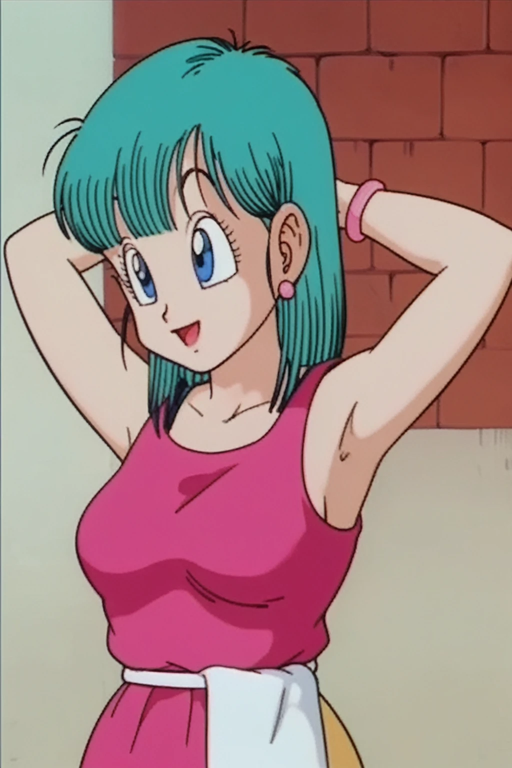 source_anime, score_9, score_8_up, score_7_up, anime screencap, bulma \(dragonball\), aged_up, brick wall, blue skies, 1girl, solo, medium hair, blue eyes, jewelry, earrings, outdoors, sleeveless, tree, aqua hair, retro artstyle, 1990s \(style\), ((((nude showing bib boobs))))(((hands above showing armpits)))), right arm down, looking at the viewer, medium breasts, upper body, smile, standing,