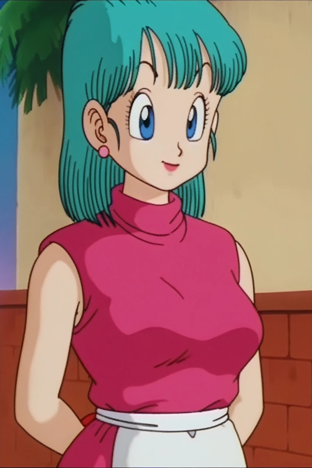 source_anime, score_9, score_8_up, score_7_up, anime screencap, bulma \(dragonball\), aged_up, brick wall, blue skies, 1girl, solo, medium hair, blue eyes, jewelry, earrings, outdoors, sleeveless, tree, aqua hair, retro artstyle, 1990s \(style\), ((((nude showing bib boobs))))(((hands above showing armpits)))), right arm down, looking at the viewer, medium breasts, upper body, smile, standing,