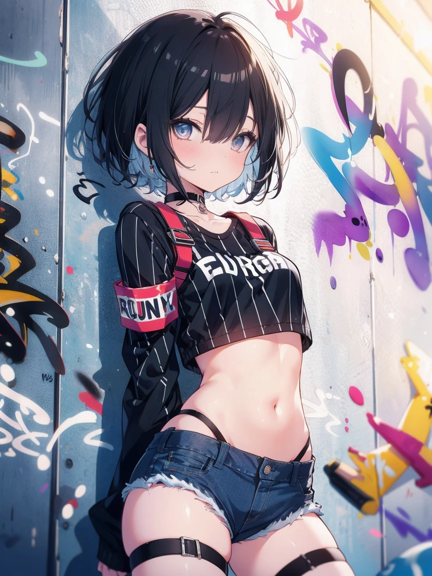 (Cowboy Shot), (Highest quality, Ultra-high resolution, Depth of written boundary:1.2), Adult, 1 Female, Toned body, Medium chest, Wide Hips, alone, Black Hair, Striped Hair, short hair, bangs, Black crop top, String, Denim shorts, choker, (graffiti:1.4), Paint splashes, Put your arms behind your back, (Hunchback), (Lean back:0.5), Against the wall, (Tilt to the side:0.5), View your viewers, Armband, Thigh straps, Striped Hair, body paint, Upturned eyes, Head Down, Tilt your head, (From the side:1), boredom
