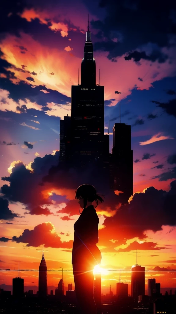 anime, (silhouette),1girl, star (sky), cloud, cityscape, building, city, outdoors, skyscraper, city lights, night, night sky, sunset, skyline