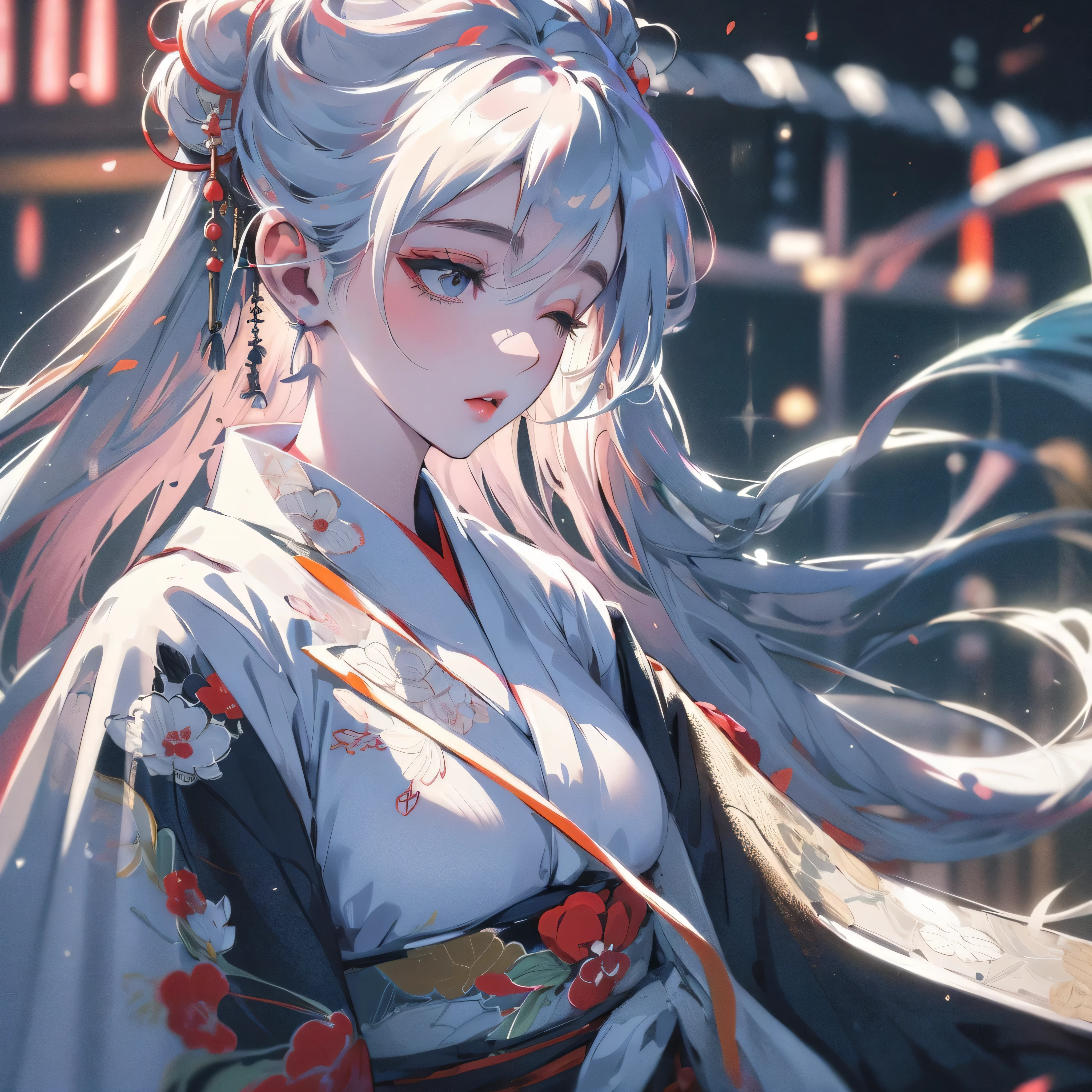 beautiful woman wearing white kimono, black blindfold cover her eyes, frosty, close shot,Masterpiece, kimono, professional, anime style, stylized, romantic, dreamy, simple plain background, hyper minimalism, surrealism), natural lighting, HD, 64K, dark background