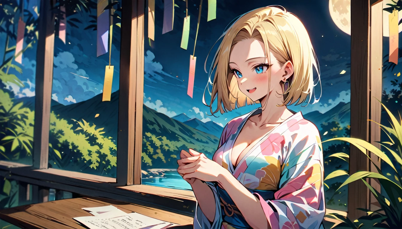 (masterpiece, best quality:1.2), 1girl, (solo), Android 18 from Dragon Ball, ((pastel kimono)), (standing), medium breasts, blunt bangs, short blonde hair, (blue eyes), earrings on earlobes, slim, slender feminine figure, skinny body, blush, sky, magnificent view, blur background, 4K, open mouth, river, smile, (own hands together), (Tanabata), night, moon, collarbone, cleavage, outside, a strip of paper, bamboo forest,