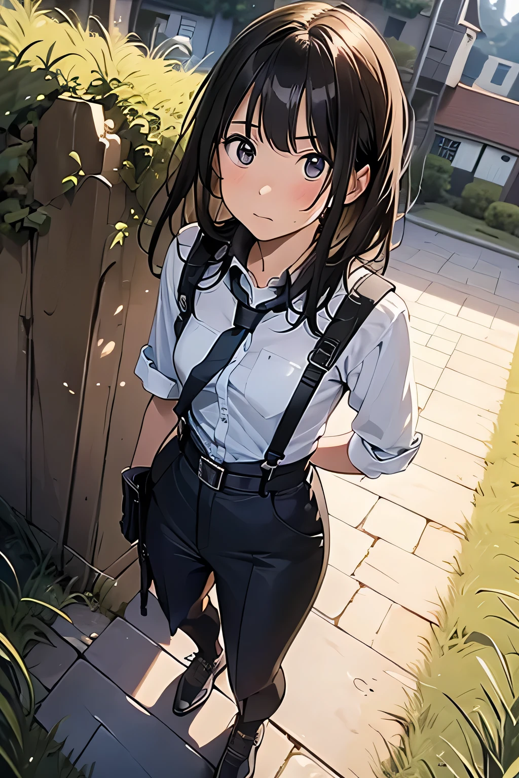 high quality, masterpiece, Ultra-high resolution, (realism: 1.4), Oil painting style, Cinema Lighting, An endless grassland dotted with a few houses, I stood on the empty asphalt road and looked at it., Fairy Mountain々was shrouded in mist, And the suspenders with the cranes flying　　　Moderate breasts　 　 　　　　Small face　 　　　holster　　　　　　　 Lying in bed　Looking up　　　　Sweat 　　　belt　summer　脇Sweat 　Black Hole Gloves　suit　shirt　　Black jacket　 Black trousers　Leg Links　ズボンにbelt　　holster　 　　Hands behind your back　 Anxious expression　Looking up　Anxious face