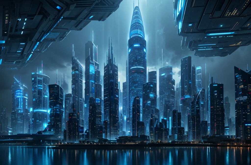 futuristic city, skyscraper, blue theme, blue light, HDR, 4k resolution, landscape