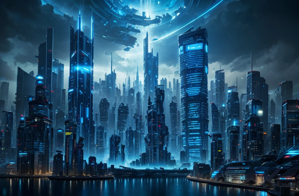 futuristic city, skyscraper, blue theme, blue light, HDR, 4k resolution, landscape
