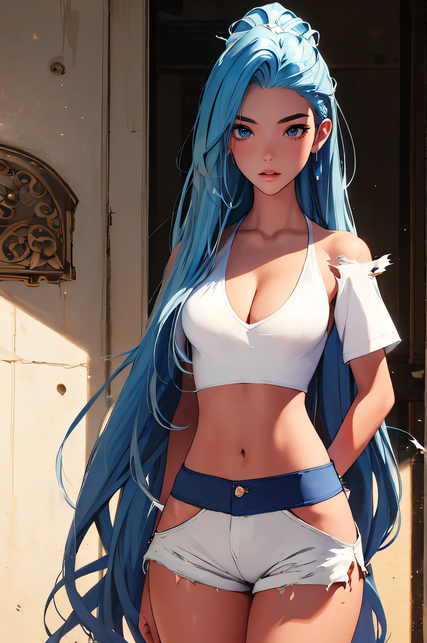 (best quality: 1.2), clean face, (masterpiece: 1.2, 8k) perfect anatomy, 1girl,a beautiful fashion model ,(masterpiece, official art, best quality ,long and shiny hair, blue hair with streaks in hair, long hair, full lips, slender body, slim body big breasts, looking at viewer, revealing outfit, absurdity, intricate details, dynamic pose, club, , wearing short shorts and a tight white top, cleavage, torn clothes, thong straps