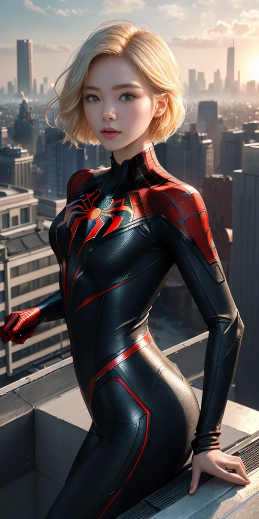 (1girl:1.3), 独奏, (((Very detailed face)))), ((Very detailed eyes and face)))), Beautiful detail eyes, Body parts__, Official art, Unified 8k wallpaper, Super detailed, beautiful and beautiful, beautiful, masterpiece, best quality, original, masterpiece, super fine photo, best quality, super high resolution, realistic realism, sunlight, full body portrait, amazing beauty, dynamic pose, delicate face, vibrant eyes, (from the front), She wears Spider-Man suit, red and black color scheme, spider, very detailed city roof background, rooftop, overlooking the city, detailed face, detailed complex busy background, messy, gorgeous, milky white, highly detailed skin, realistic skin details, visible pores, clear focus, Volumetric fog, 8K  UHD, dslr, high quality, film grain, fair skin, photo realism, lomography, futuristic dystopian megalopolis, translucent blonde short　Back view　whole body