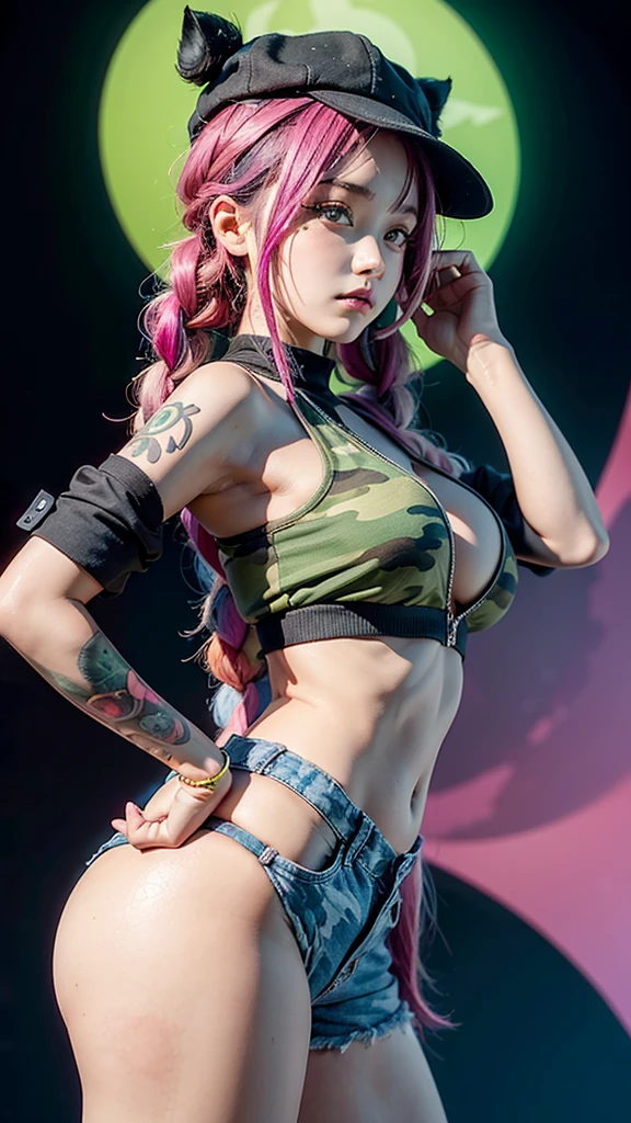 A 10 year old girl with mix vibrant colorful hair braided, large breasts covered, large curvy ass, wearing a black cat hat, is posing for the camera. Her gorgeous eyes are looking upwards to her left with a soft expression. She has visible tattoos on her arms and face. She's dressed in a green camouflage jacket with a pink top and jean shorts. The background is plain with no detail, ultra hd, 4k detailed