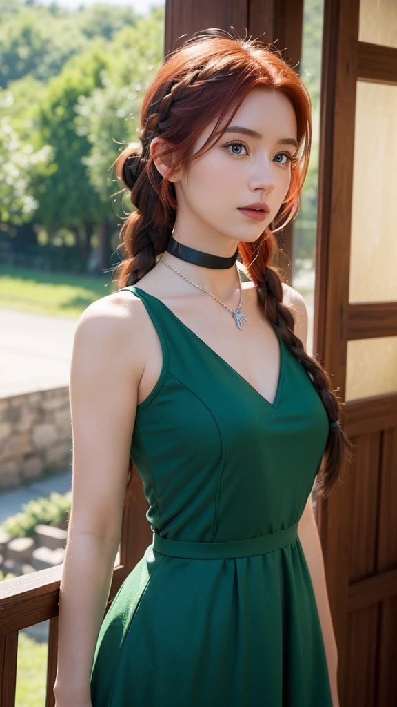 Create a live-action image of Anna from Disney’s Frozen. She should have red hair styled in an updo with braids, wear a green dress with a black choker necklace, and be set in a charming village with quaint buildings in the background. Ensure she has realistic facial features, capturing her warm and adventurous personality, and maintain the essence of the animated character.”