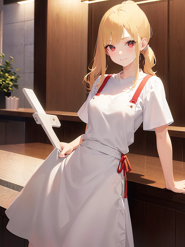 Tilting head, night, dark, Upper Body, Realistic, real person, (pale skin: 1.2), RAW photo, photorealistic, portrait photography, shiny skin, japanese idol、shiny hair、(25 year old woman with medium hair with blonde bangs) and and (pony tail) and (wavy hair) and (orange eyes) , smile, (plain white t-shirt) and (red apron)、The background is the interior of the restaurant.、Alone、Are standing