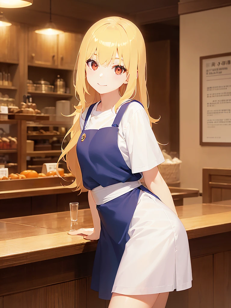 Tilting head, night, dark, Upper Body, Realistic, real person, (pale skin: 1.2), RAW photo, photorealistic, portrait photography, shiny skin, japanese idol、shiny hair、(25 year old woman with medium hair with blonde bangs) and and (pony tail) and (wavy hair) and (orange eyes) , smile, (plain white t-shirt) and (red apron)、The background is the interior of the restaurant.、Alone、Are standing
