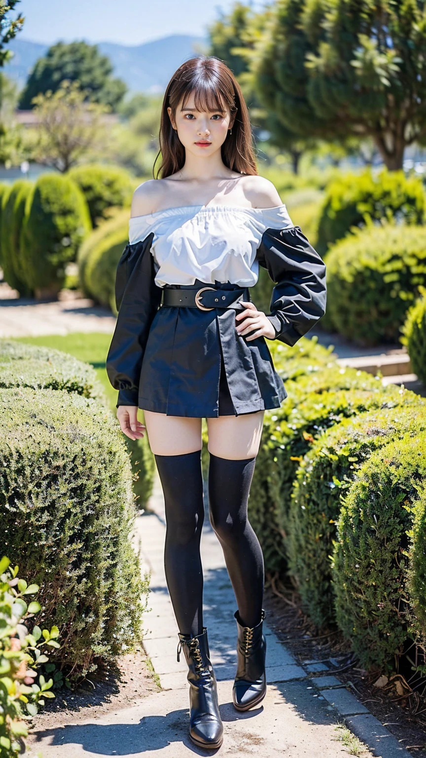 (8K、RAW Photos、Highest quality、masterpiece:1.2)、(Realistic、Realistic)、1 Girl、((Check mini skirt、Off the shoulder、black、Thin legs、whole body、boots、one piece、tights、garden、View from the front、Looking into the camera、belt、Stand with hands on hips))、cute