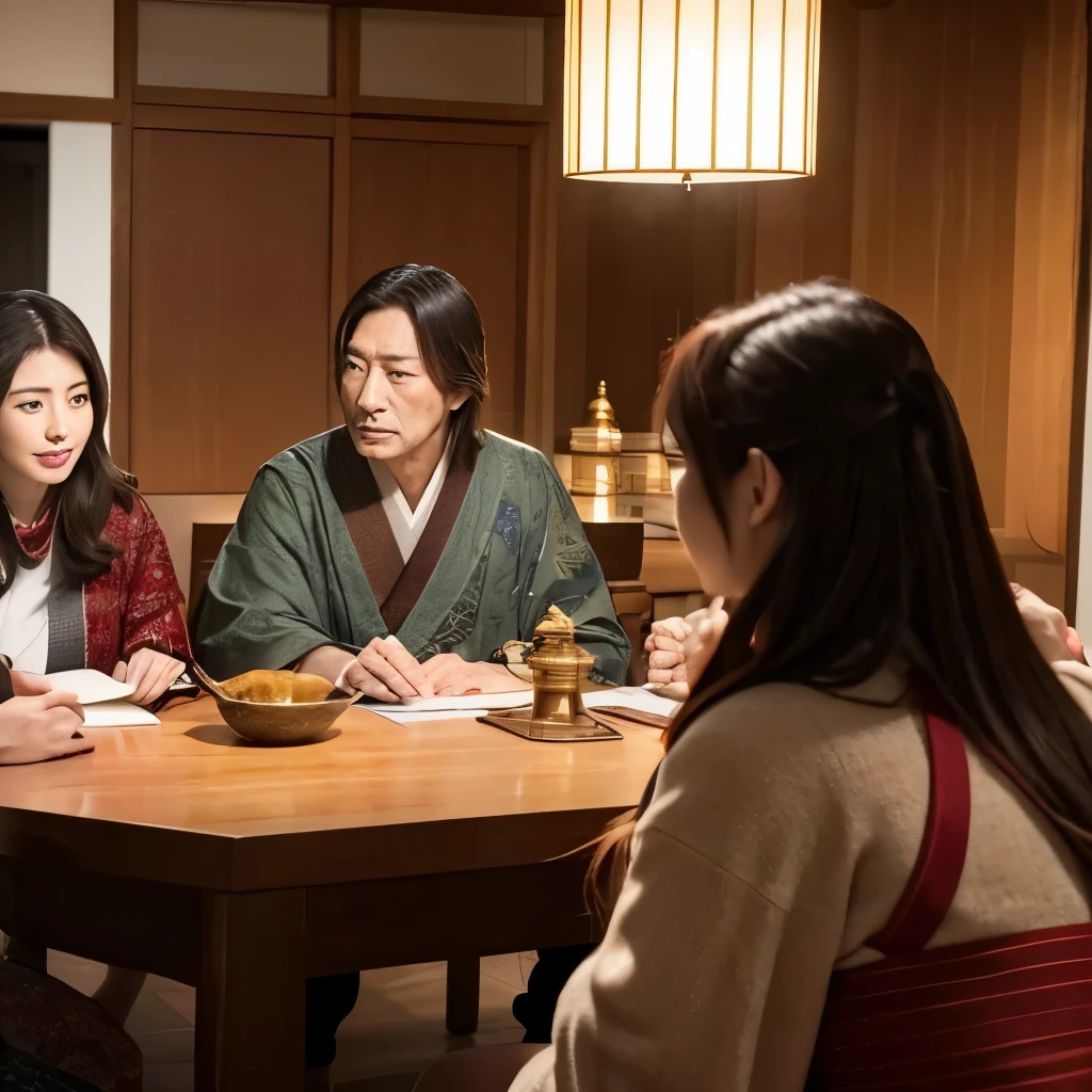 Takeda Shingen and the Women of His Family
Prompt: Depict Takeda Shingen engaging in a political discussion with the women of his family, highlighting their strong bonds and his respect for women's political opinions