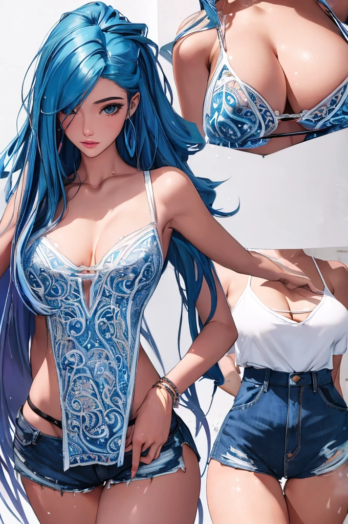 (best quality: 1.2), clean face, (masterpiece: 1.2, 8k) perfect anatomy, 1girl,a beautiful fashion model ,(masterpiece, official art, best quality ,long and shiny hair, blue hair with streaks in hair, long hair, full lips, slender body, slim body big breasts, looking at viewer, revealing outfit, absurdity, intricate details, dynamic pose, club, , wearing short shorts and a tight white top, cleavage, torn clothes, thong straps