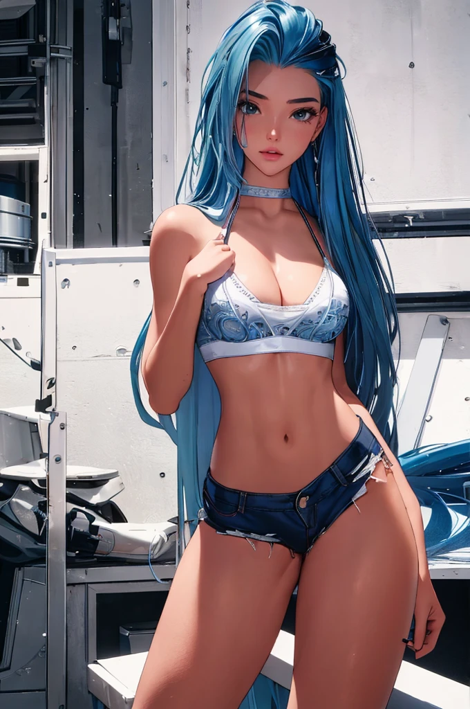 (best quality: 1.2), clean face, (masterpiece: 1.2, 8k) perfect anatomy, 1girl,a beautiful fashion model ,(masterpiece, official art, best quality ,long and shiny hair, blue hair with streaks in hair, long hair, full lips, slender body, slim body big breasts, looking at viewer, revealing outfit, absurdity, intricate details, dynamic pose, club, , wearing short shorts and a tight white top, cleavage, torn clothes, thong straps