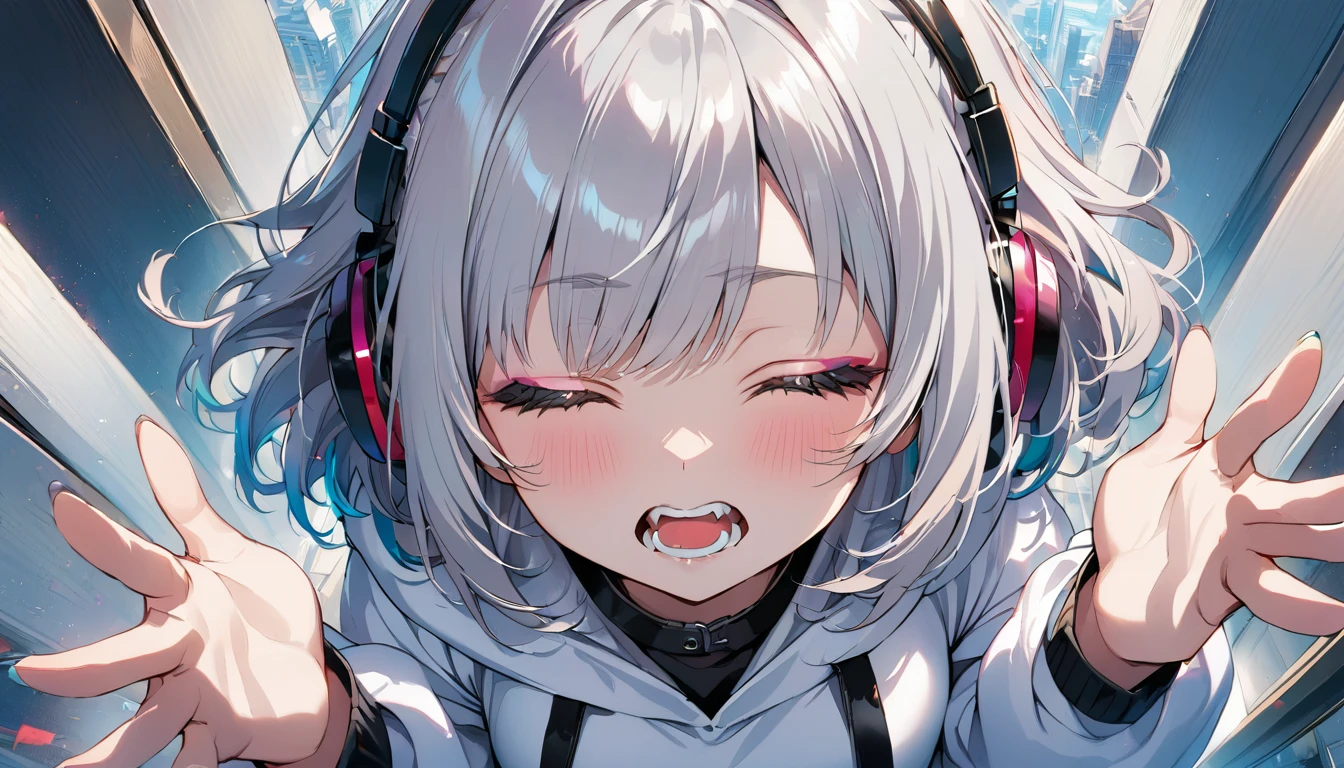 A man putting headphones on a woman, she makes an ahegao face.