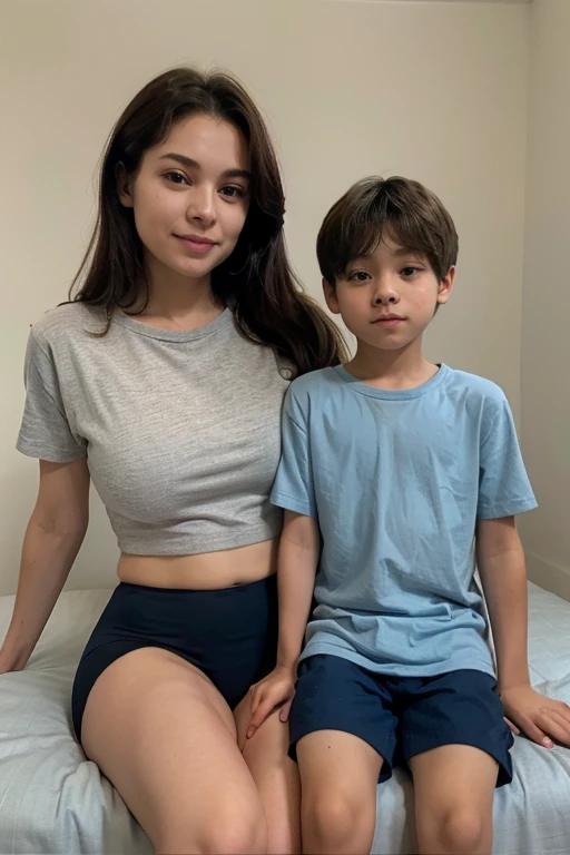 young boy sitting on his mother's lap in a cozy bedroom, appropriate blue underwear clothes. mother and son, 1boy, jackpot please, big thighs, horizontal colors shirt. black on bottom white on top
