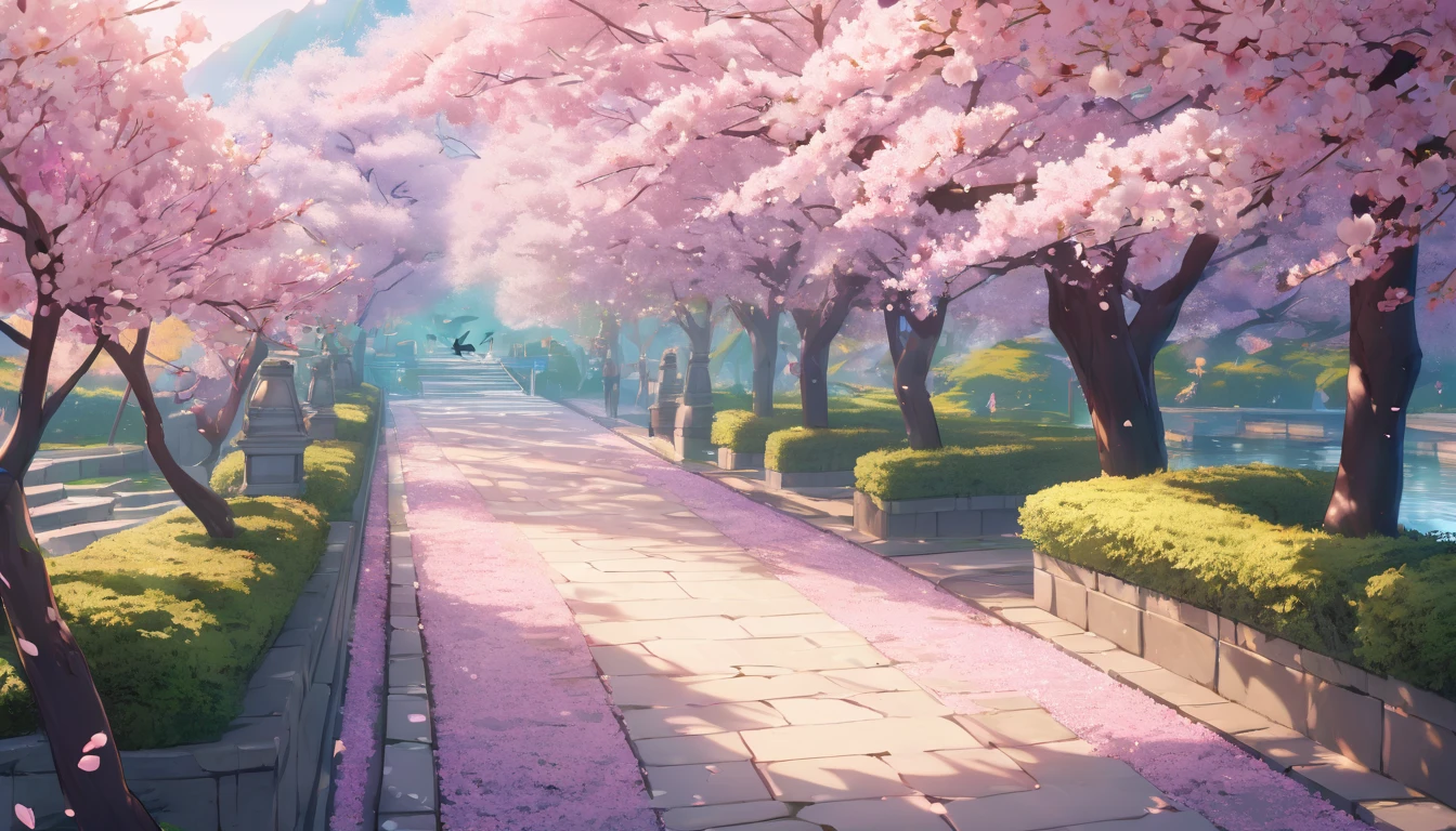 A bird's eye view of a cherry blossom lined walkway, anime style, detailed cherry blossoms, birds, detailed foliage, cinematic lighting, soft pastel colors, fantasy atmosphere, masterpiece, highly detailed, 8k, photorealistic