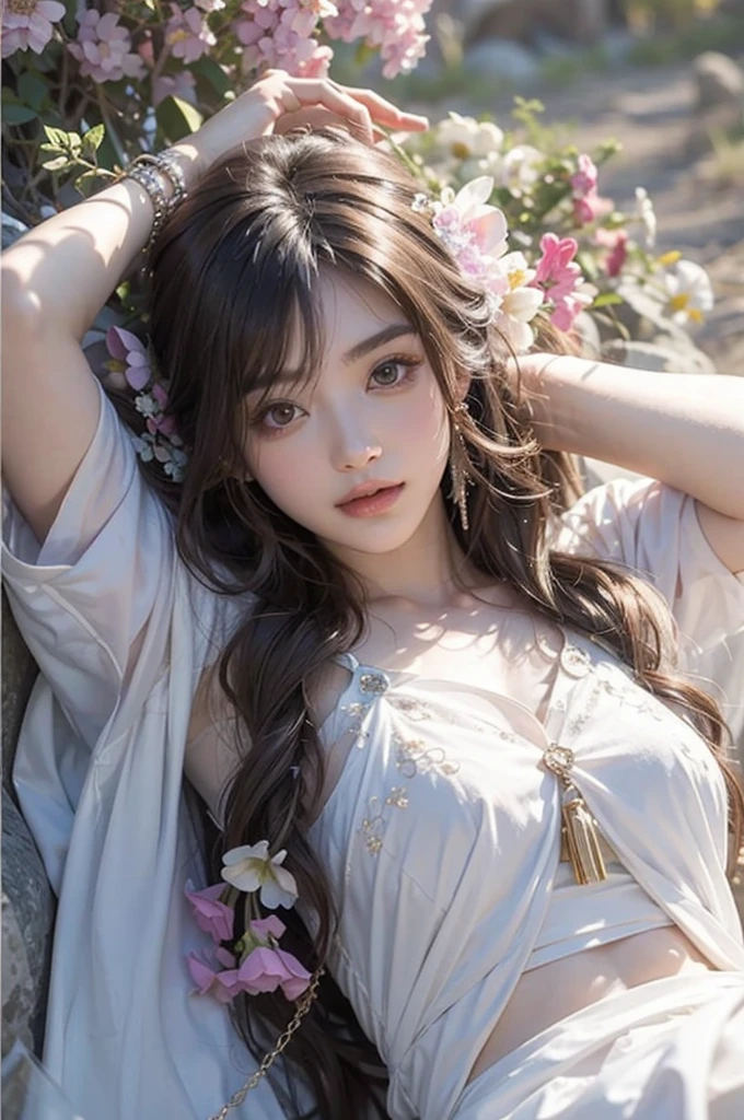 Beautiful Japanese waifu, early 30s, brunette hair, fantasy xianxia silky dress in white with a lot of jewelry decorations, cropped top, lying in wild flowers field