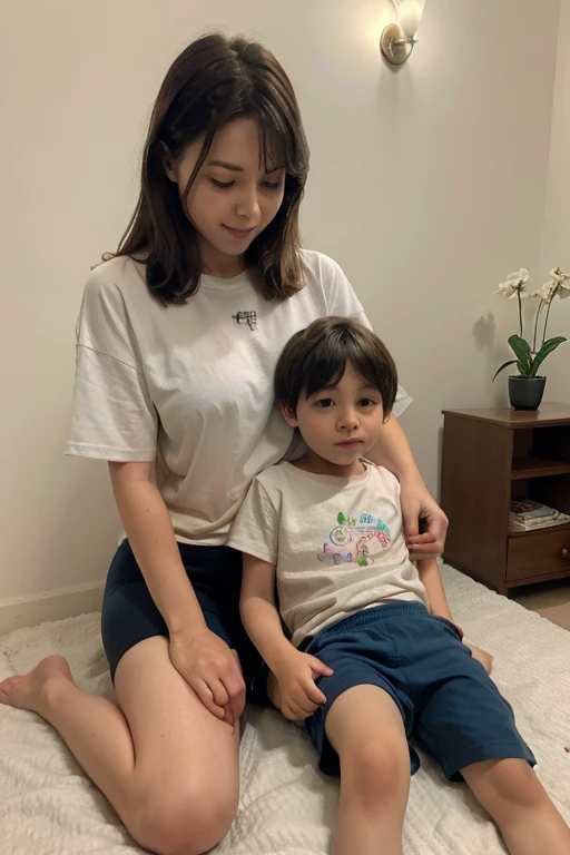 young boy sitting on his mother's lap in a cozy bedroom, appropriate blue underwear clothes. mother and son, 1boy, jackpot please, big thighs, horizontal colors shirt. black on bottom white on top
