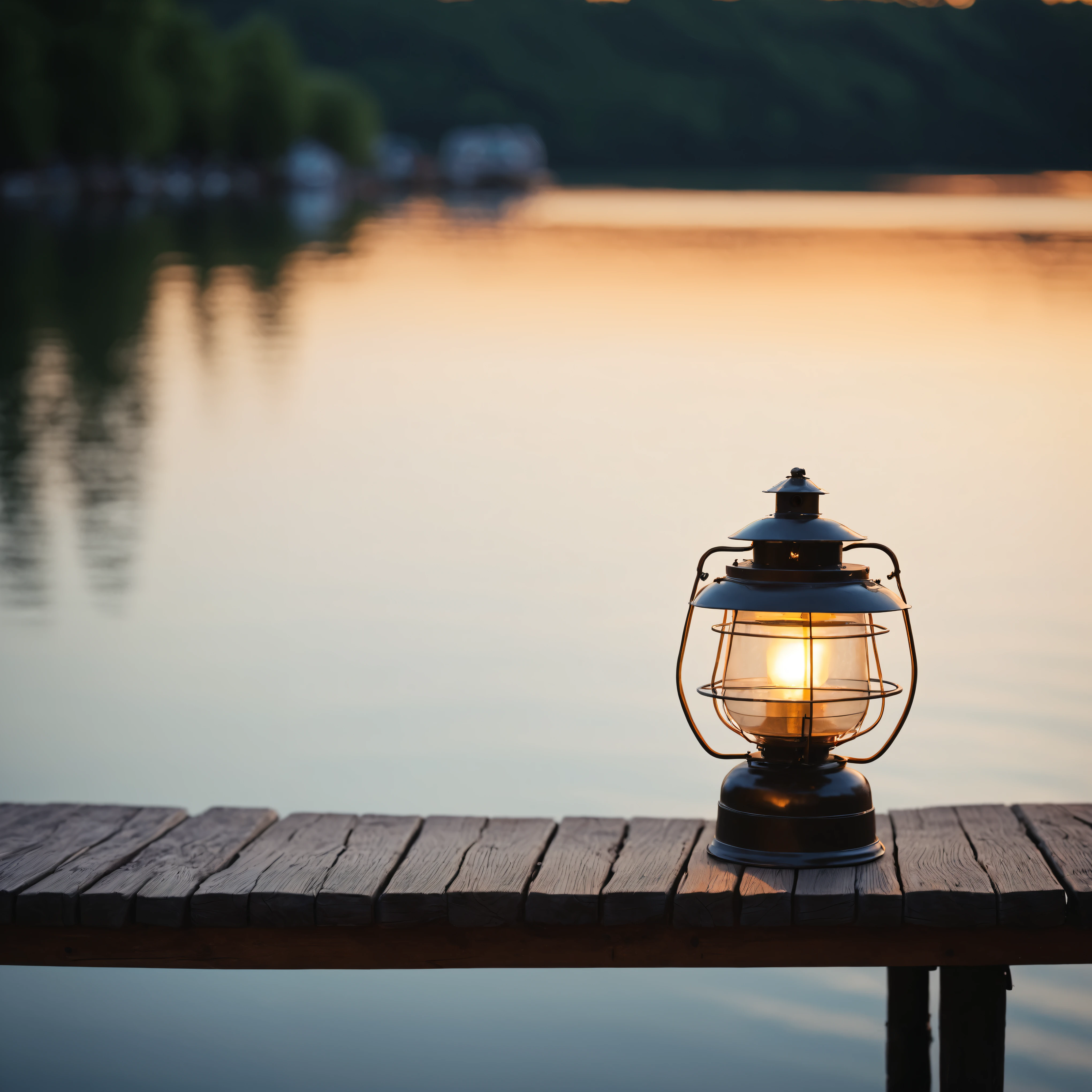There is a lantern on the table by the lake, Sit on the wooden dock, A boat with lights, Sit on the wooden dock, Peaceful evening atmosphere, Small marina, bokeh on side of the river, Summer environment, Summer lake view, Relaxed atmosphere, warm light, Lantern light, Lighting from the side, Shot with Sony Alpha 1 camera, summer morning light