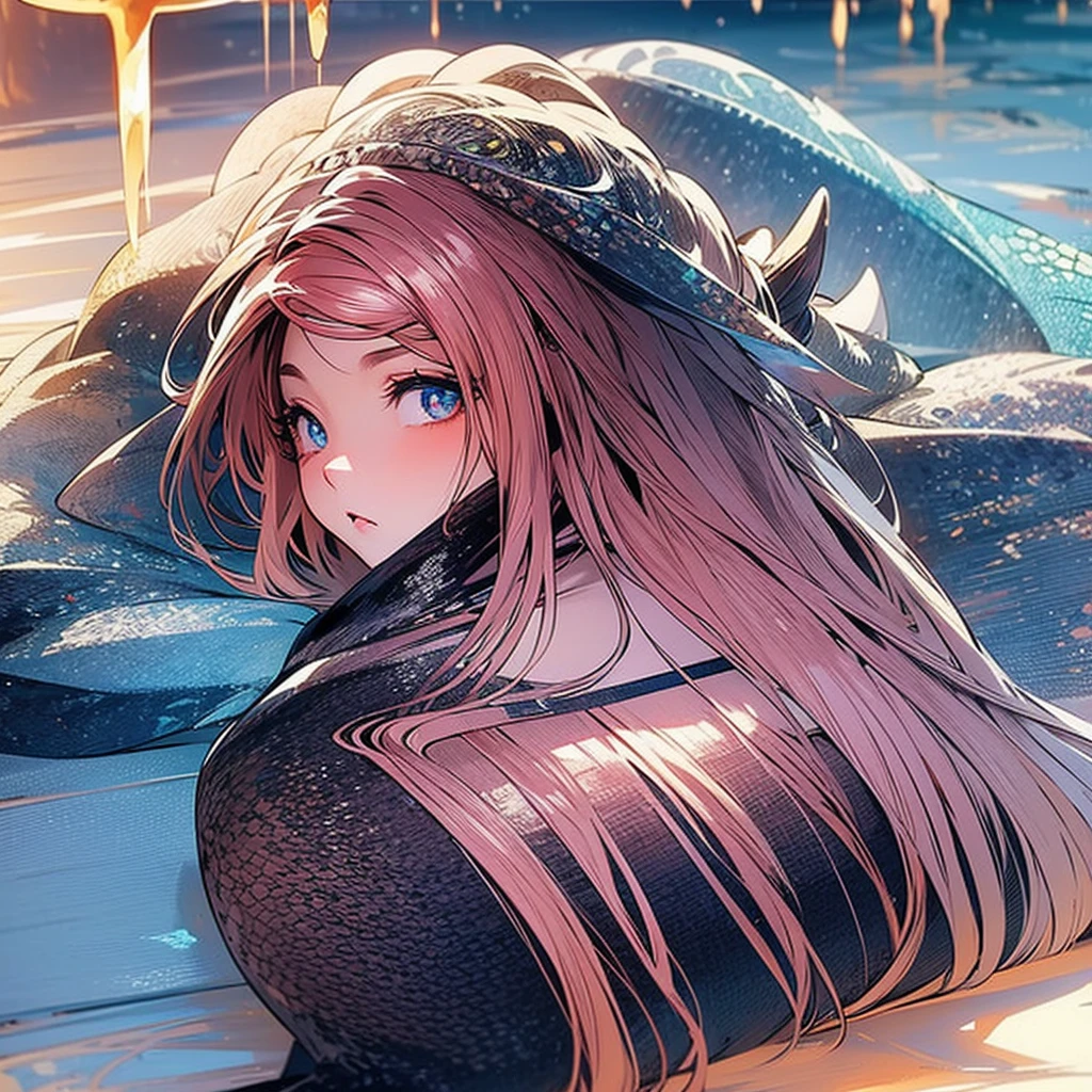 a beautiful mermaid, magnificent big eyes, glowing big eyes, dragon pupils, beautiful detailed reflective eyes, adorable face, deep soulful eyes, middle shot,extreme quality, masterpiece, colour correction,vivid, light exposure, underwater, Fire and Water, flying fluid, different eye colors, jellyfishes