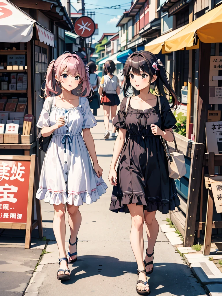 high resolution、Summer vacation。Come visit Enoshima、Girls choosing souvenirs。The outfit is a simple summer dress.。