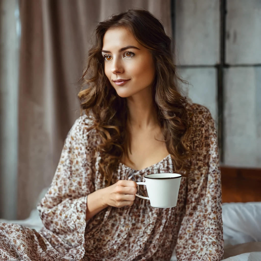 stubble beard woman with mustach, brown hair, amber eyes, in nightgown, drinks coffee