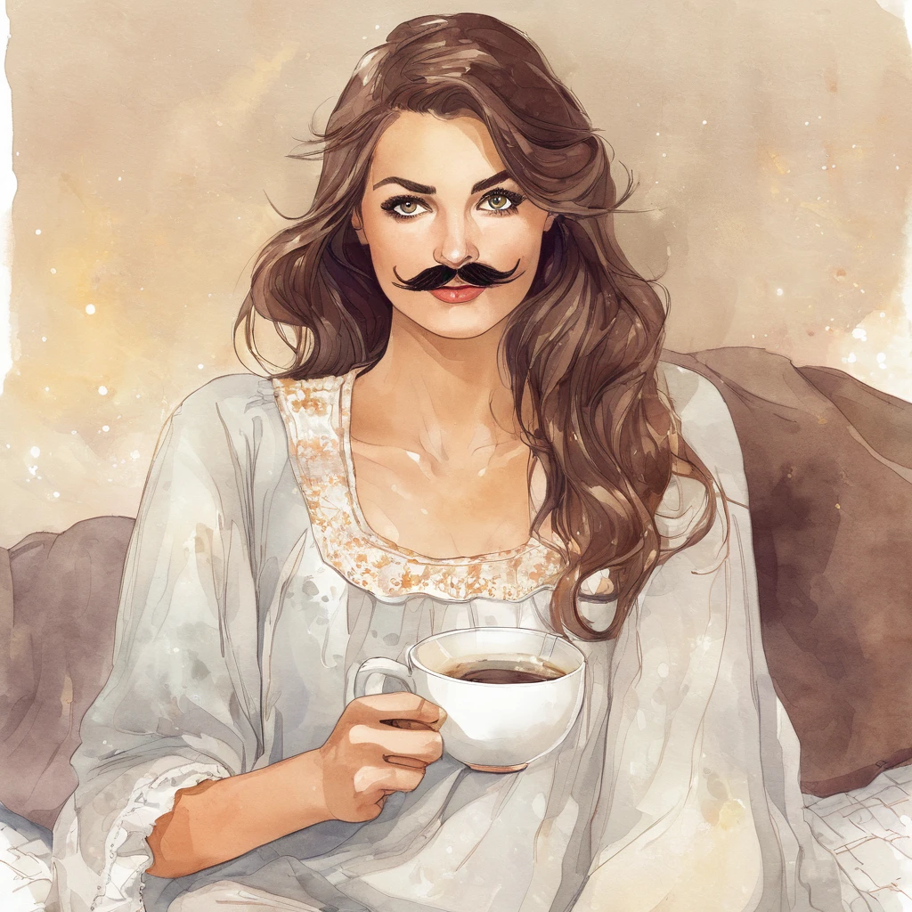 stubble beard woman with mustach, brown hair, amber eyes, in nightgown, drinks coffee