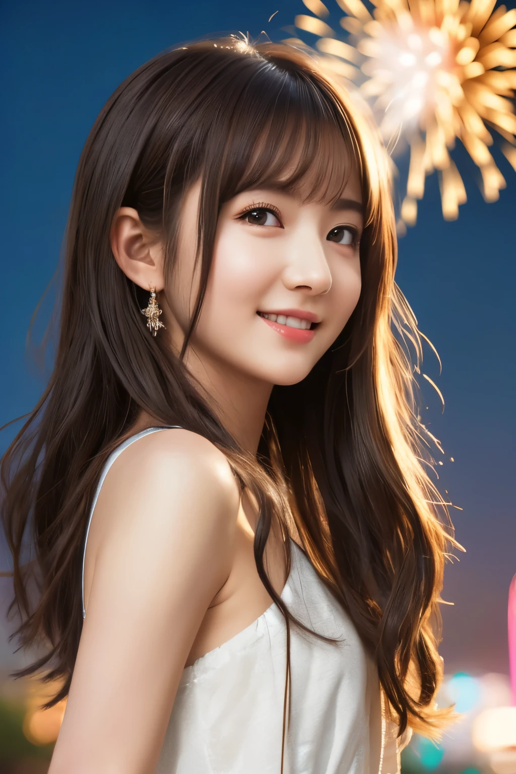 A girl looking up at the fireworks at a fireworks festival、Cute face、Well-balanced proportionedium build、Wearing a dress、, brown hair, long hair, floating hair, shiny hair, seductive smile, Surrealism, cinematic lighting, tachi-e, from behind, Nikon, UHD, anatomically correct, super detail, high details, high quality, award winning, highres, best quality, 8k, textured skin
