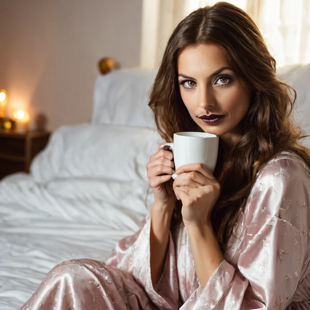 stubble beard woman with mustach, brown hair, amber eyes, in nightgown, drinks coffee