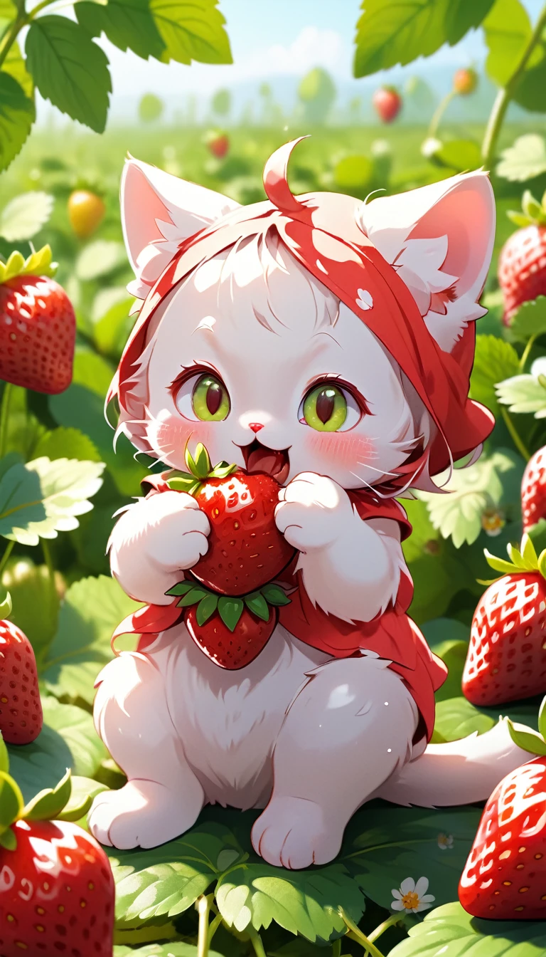 a cat eating a strawberry in a field of strawberries, video animation, remove duplicate content, no yellow color in eyes, made out of sweets, print advertising, youtube video screenshot, bite, by senior artist, very red colors, 8k