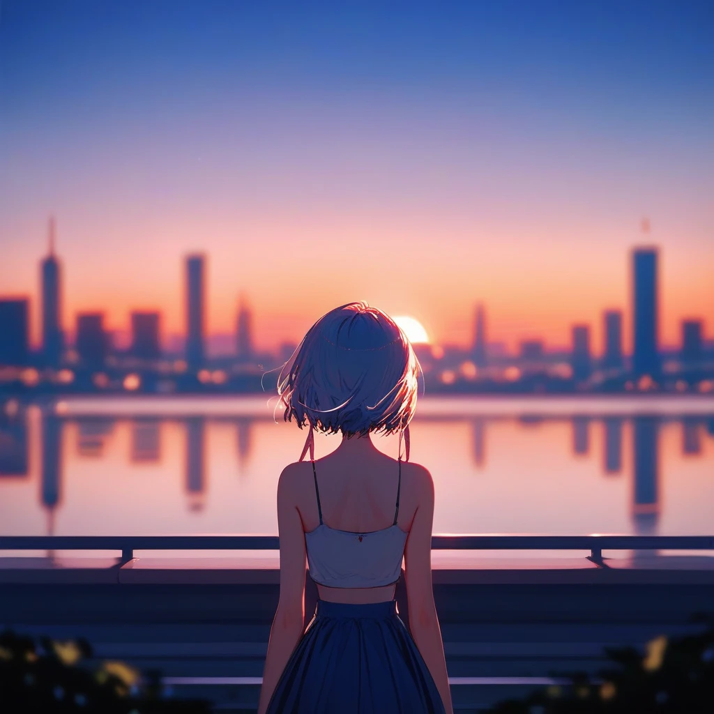 Fraction_9,Fraction_8_up,Impressionism,summer.Sunset.1 girl's back,wonderful,city View,Depth of Field,