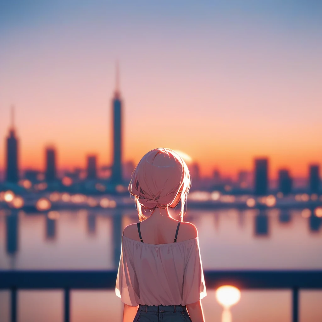 Fraction_9,Fraction_8_up,Impressionism,summer.Sunset.1 girl's back,wonderful,city View,Depth of Field,
