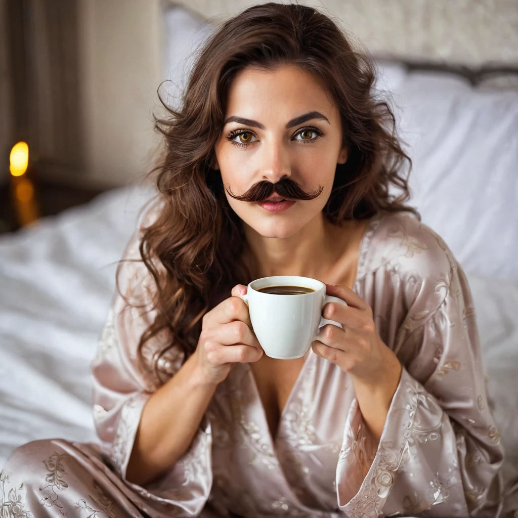 stubble beard woman with mustach, brown hair, amber eyes, in nightgown, drinks coffee