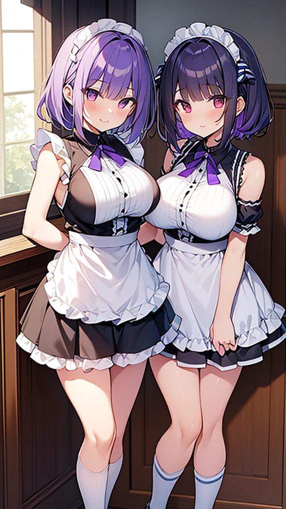 最high quality, high quality, Super detailed, 32k, Ultra-detailed details, Photo of the waitress and her sister, {{The succubus maid has the face of my sister}}, (only, Standing, pretty girl, beautiful purple hair, short hair, Beautiful RED eyes, mature, Big Breasts, A light smile, Off-the-shoulder sleeveless Summer cute maid outfit, Summer casual maid clothes, Short skirt, Blue and white color striped underwear, Black knee socks, loafers, She&#39;s holding 大きく up her skirt with both hands to show her underwear, 18-year-old,cute), A maid who moves her body vigorously without caring if her breasts bounce, Super detailed, indoor, maid Cafe, Full body image, ((Head to Toe:1.3)), NSFW