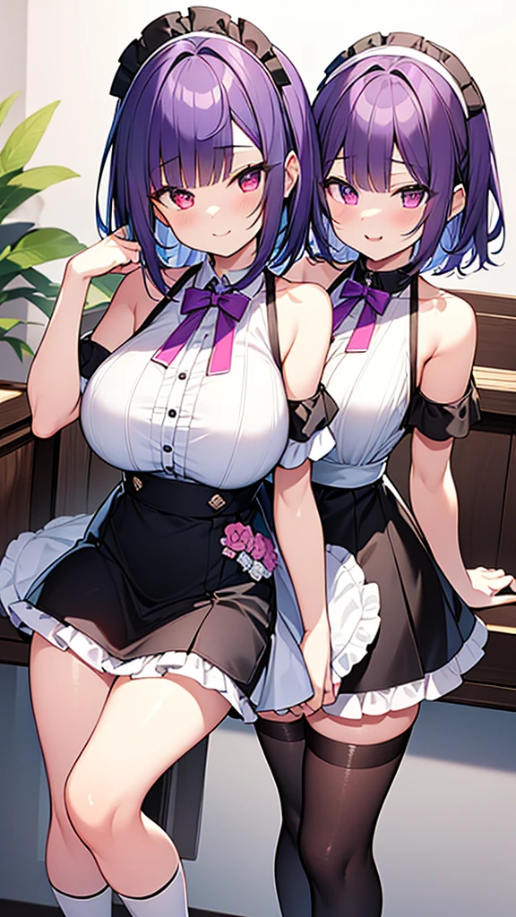 最high quality, high quality, Super detailed, 32k, Ultra-detailed details, Photo of the waitress and her sister, {{The succubus maid has the face of my sister}}, (only, Standing, pretty girl, beautiful purple hair, short hair, Beautiful RED eyes, mature, Big Breasts, A light smile, Off-the-shoulder sleeveless Summer cute maid outfit, Summer casual maid clothes, Short skirt, Blue and white color striped underwear, Black knee socks, loafers, She&#39;s holding 大きく up her skirt with both hands to show her underwear, 18-year-old,cute), A maid who moves her body vigorously without caring if her breasts bounce, Super detailed, indoor, maid Cafe, Full body image, ((Head to Toe:1.3)), NSFW