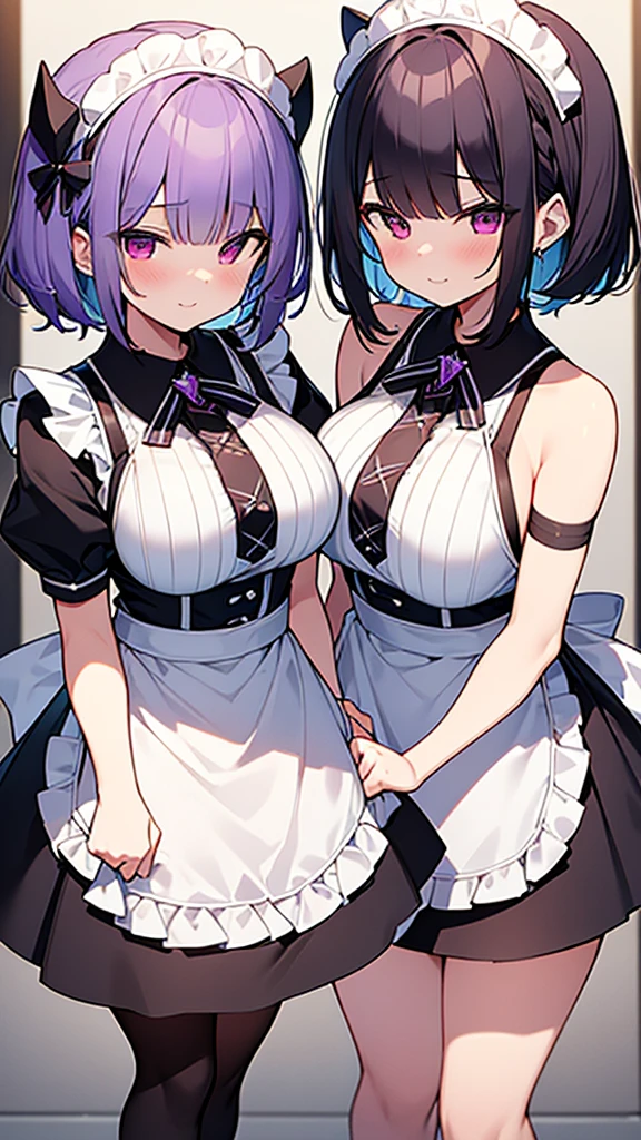 最high quality, high quality, Super detailed, 32k, Ultra-detailed details, Photo of the waitress and her sister, {{The succubus maid has the face of my sister}}, (only, Standing, pretty girl, beautiful purple hair, short hair, Beautiful RED eyes, mature, Big Breasts, A light smile, Off-the-shoulder sleeveless Summer cute maid outfit, Summer casual maid clothes, Short skirt, Blue and white color striped underwear, Black knee socks, loafers, She&#39;s holding 大きく up her skirt with both hands to show her underwear, 18-year-old,cute), A maid who moves her body vigorously without caring if her breasts bounce, Super detailed, indoor, maid Cafe, Full body image, ((Head to Toe:1.3)), NSFW